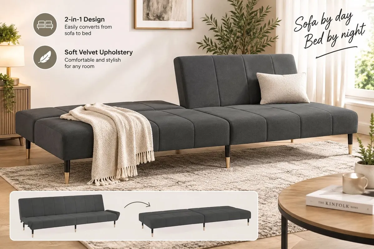 Dark Grey Velvet 2 Seater Sofa Bed - Image 1