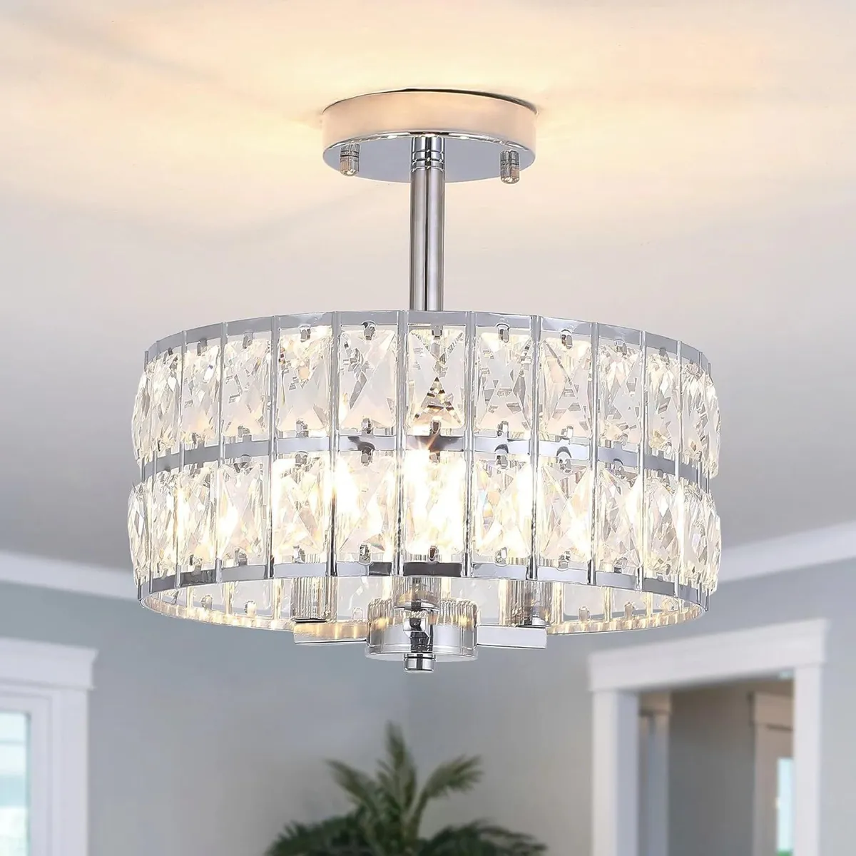 Crystal Ceiling Light Chrome 3-Light Semi Flush - Image 1