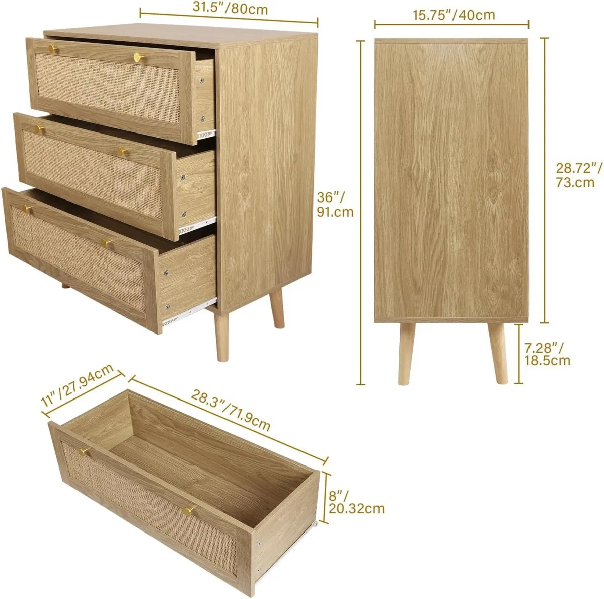 Bedroom Chest of 3 Drawers Wooden Closet Dressers - Image 2