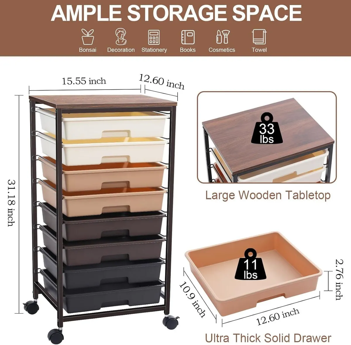 8-Drawer Storage Trolley Rolling Cart - Image 2