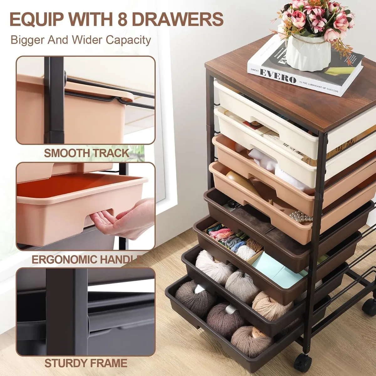 8-Drawer Storage Trolley Rolling Cart - Image 4