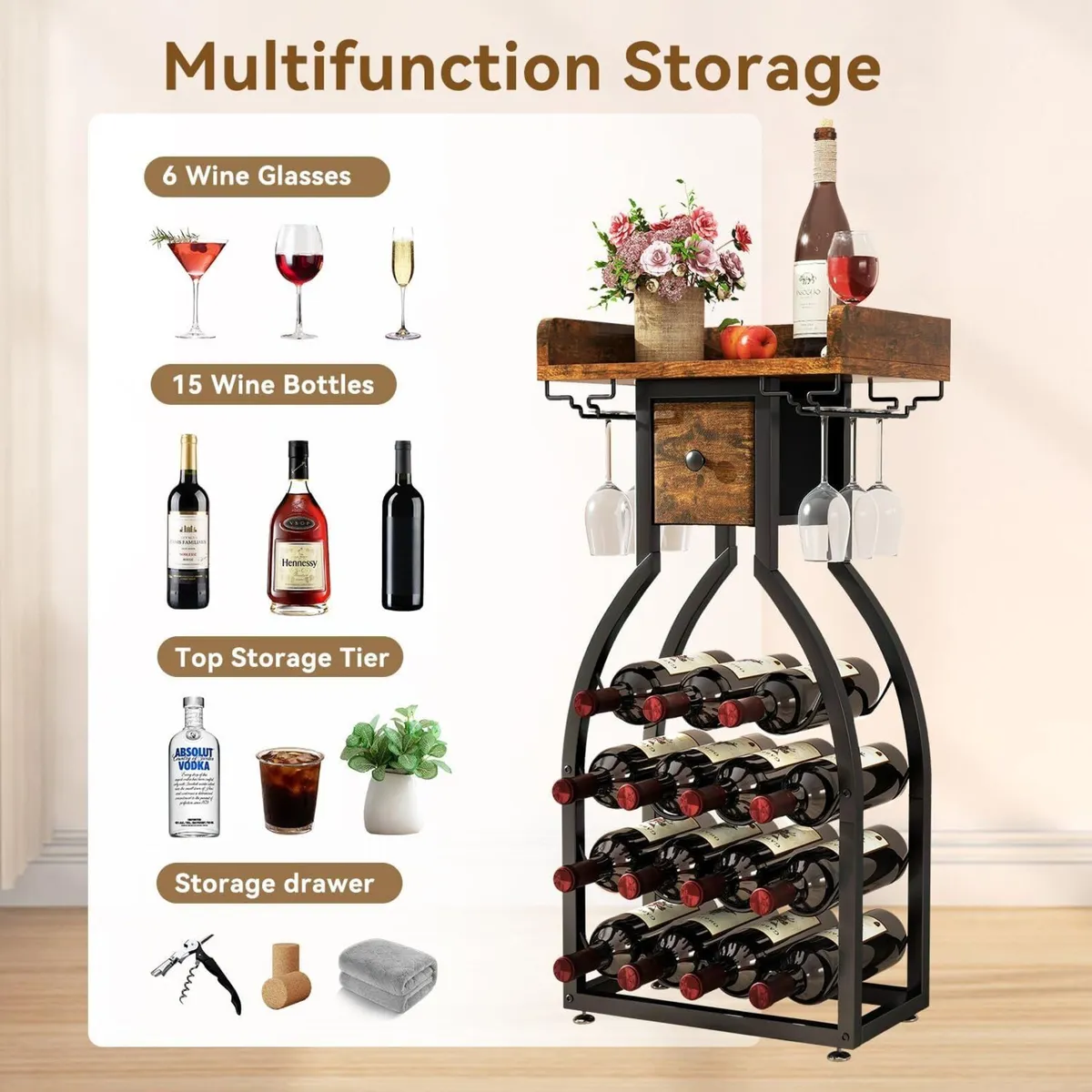 Wine Rack Freestanding Floor 15 Bottles Glass - Image 4