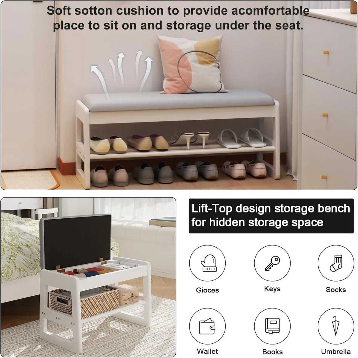 Small Shoe Bench with Cushion Storage Seat Wooden - Image 4
