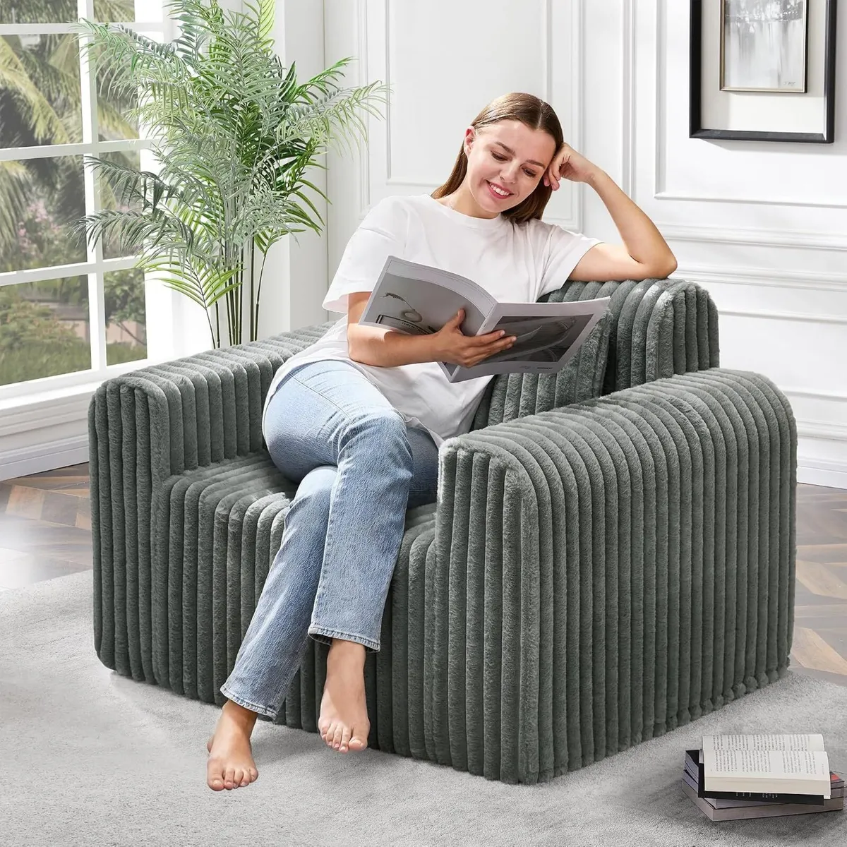 Single Foam Sofa with Pillows Comfy Furry Couch - Image 1