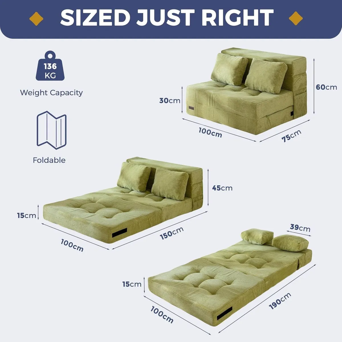 Folding Foam Sofa Bed Tri-Fold Mattress with 1 - Image 2