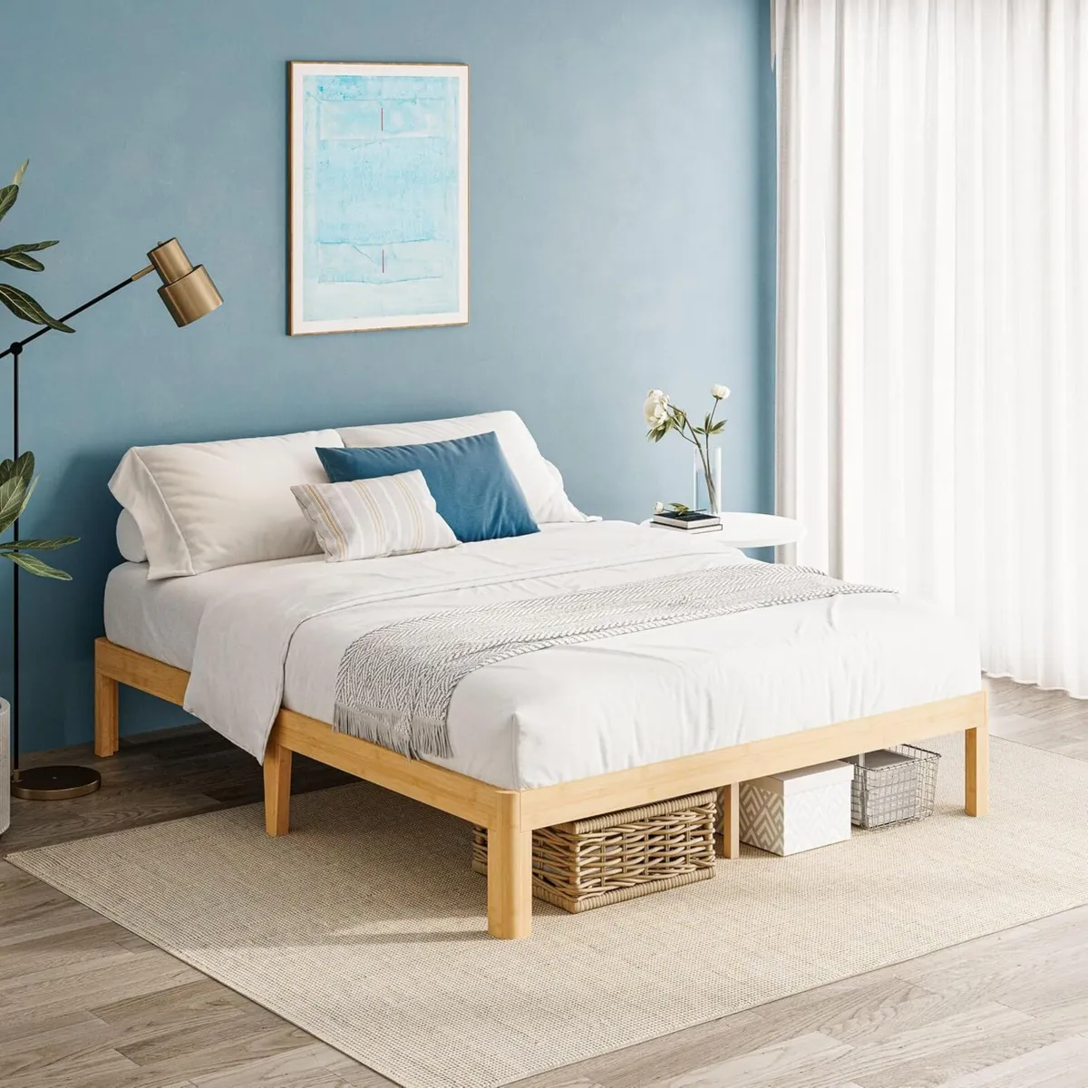 Bamboo Wood Bed Frame with Metal Slats Support - Image 1