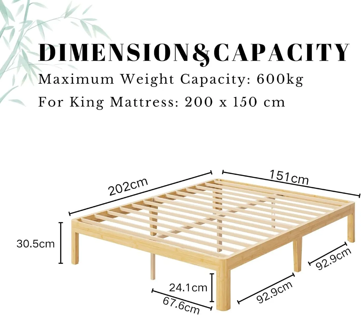 Bamboo Wood Bed Frame with Metal Slats Support - Image 2