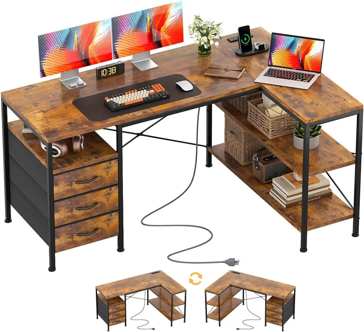 120CM Corner Desk with Drawers Reversible L Shaped - Image 1