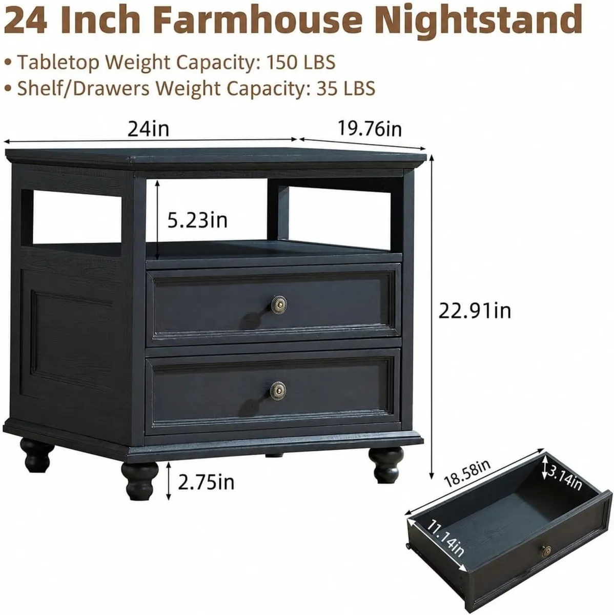 Bedside Table with 2 Drawers and Open Storage - Image 2