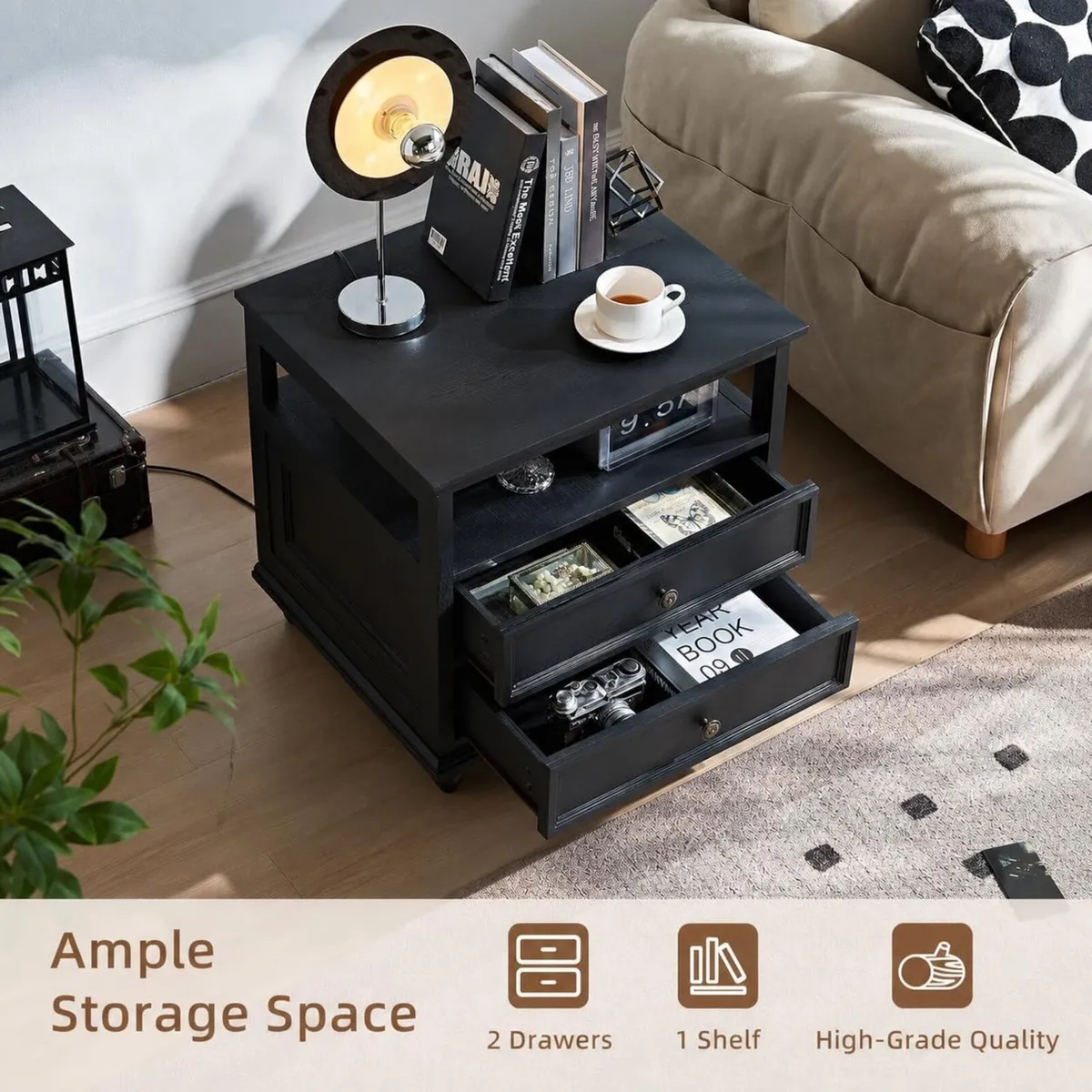 Bedside Table with 2 Drawers and Open Storage - Image 4
