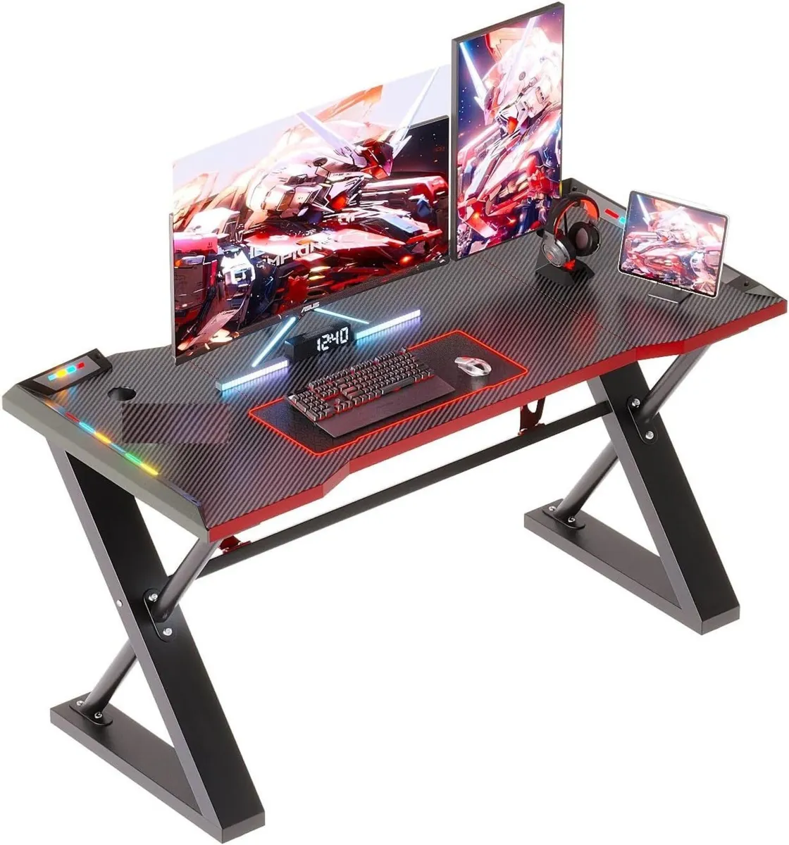 Gaming Desk with Pegboard Power Outlet LED Light - Image 1