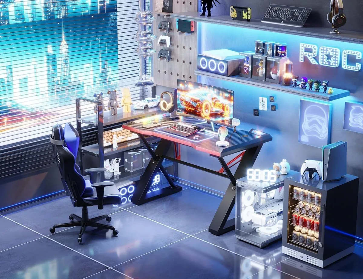 Gaming Desk with Pegboard Power Outlet LED Light - Image 2