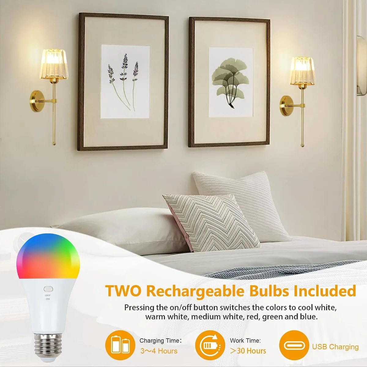Battery Operated Wall Lights Rechargeable (Set - Image 3