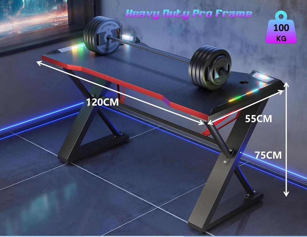 Gaming Desk with Pegboard Power Outlet LED Light - Image 3