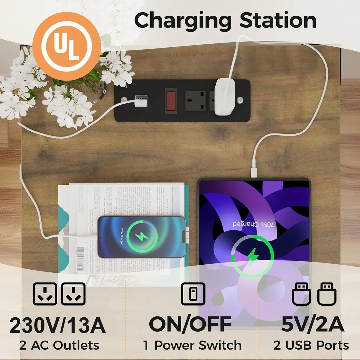 Bedside Table with Charging Station 2 Ac Outlets - Image 4