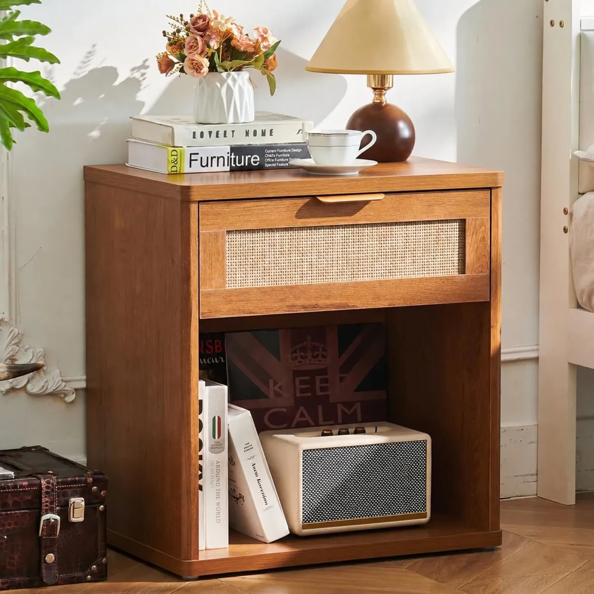 Rattan Bedside Table Farmhouse Side with 1 Drawer - Image 1