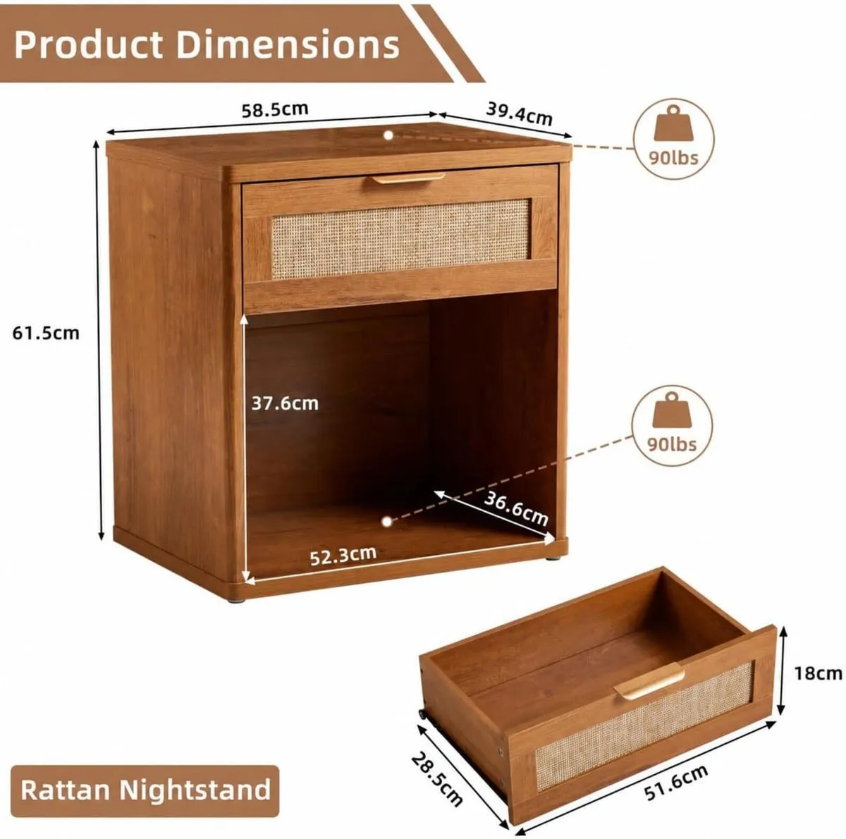 Rattan Bedside Table Farmhouse Side with 1 Drawer - Image 2