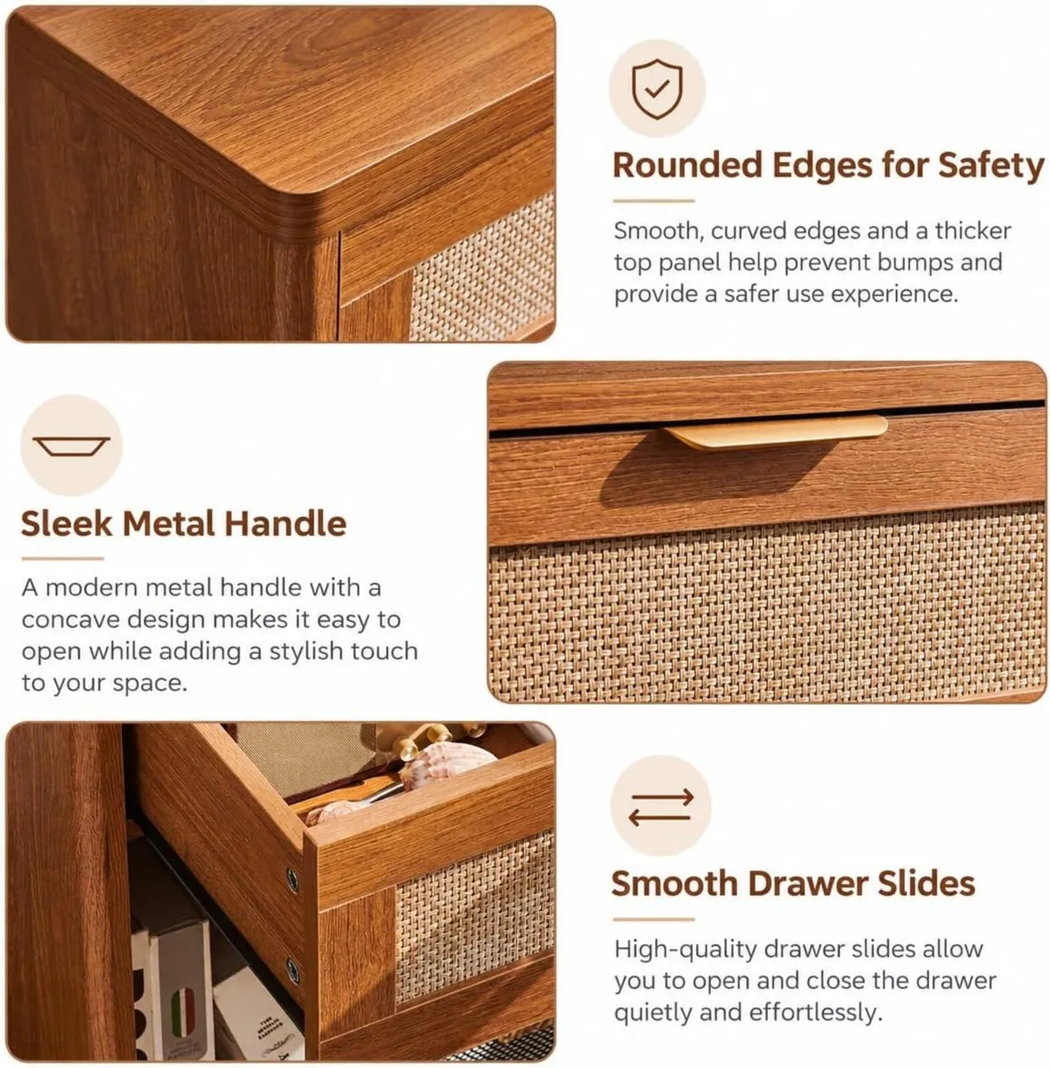 Rattan Bedside Table Farmhouse Side with 1 Drawer - Image 3
