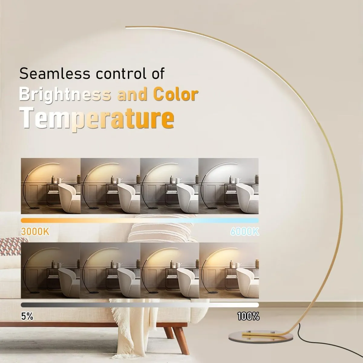 LED Arc Floor Lamp Dimmable Modern Standing - Image 2