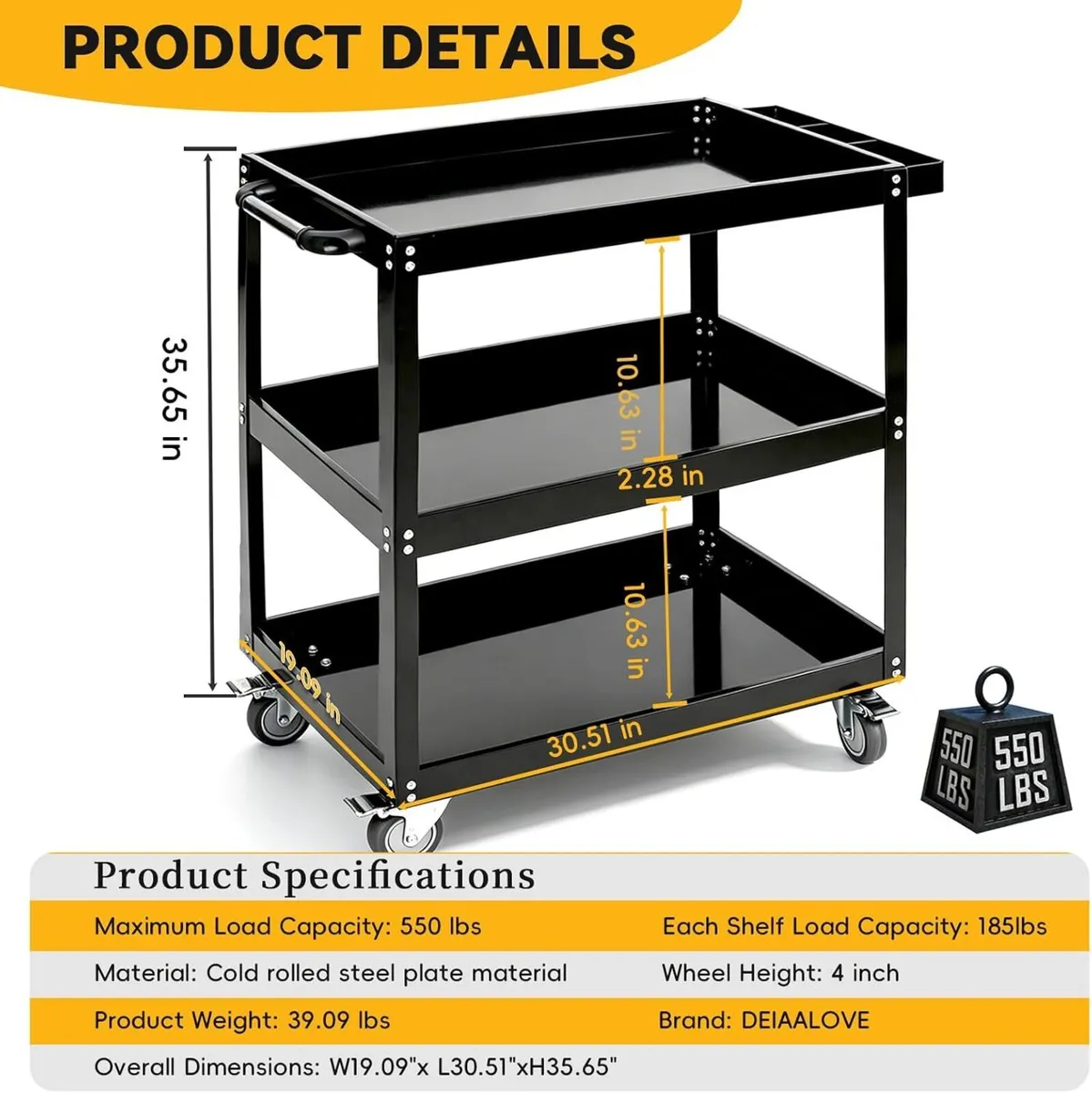 3-Tier Large Heavy-Duty Rolling Tool Cart 550lbs - Image 2