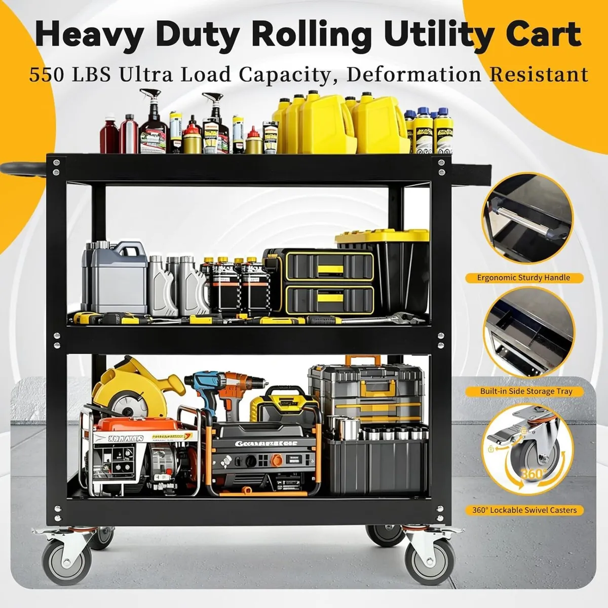 3-Tier Large Heavy-Duty Rolling Tool Cart 550lbs - Image 3
