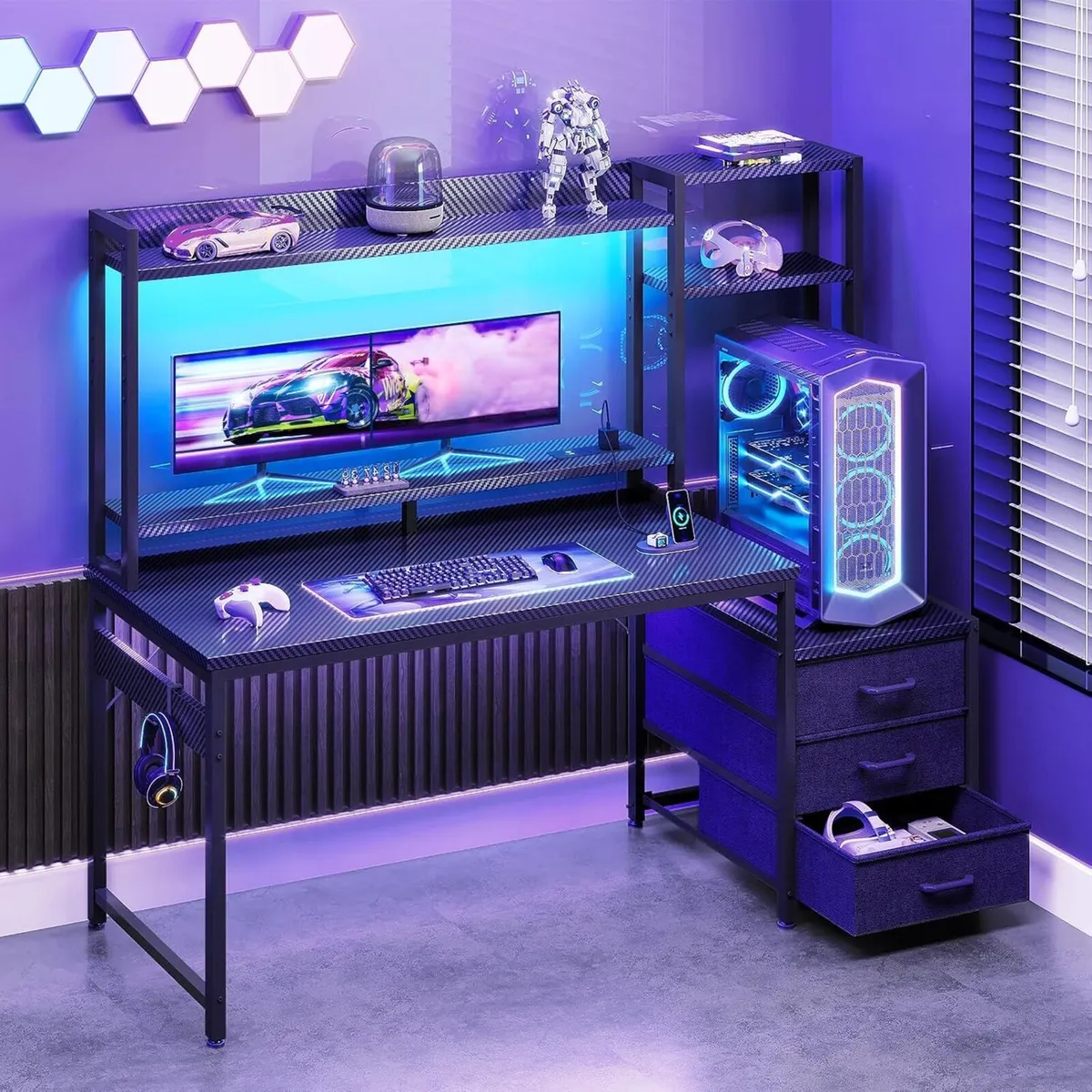 Gaming Desk with LED Lights Display Shelves Carbon - Image 2