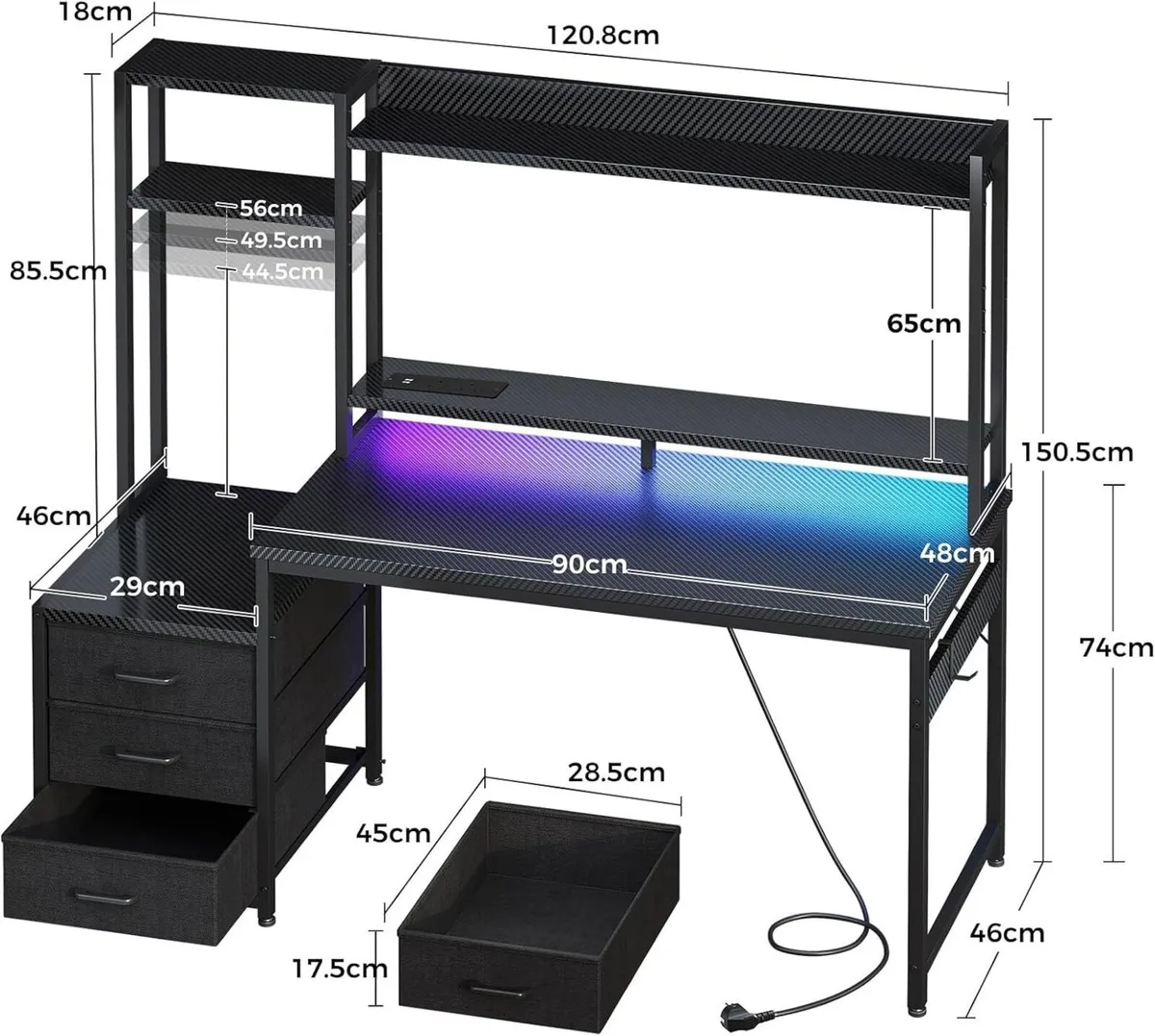 Gaming Desk with LED Lights Display Shelves Carbon - Image 3