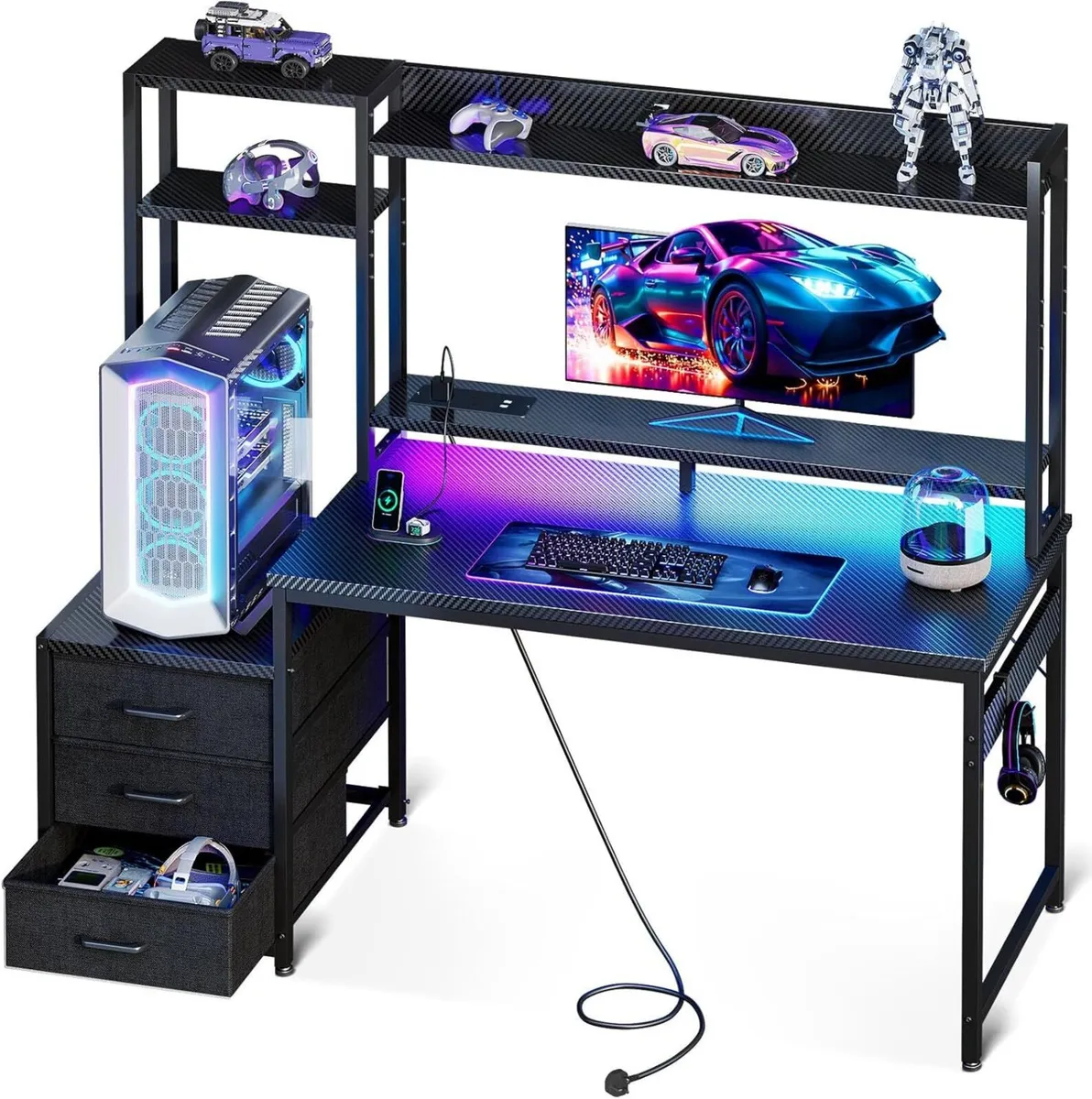 Gaming Desk with LED Lights Display Shelves Carbon - Image 1