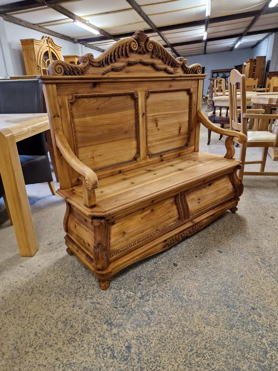 Large vintage carved pine storage bench - Image 1