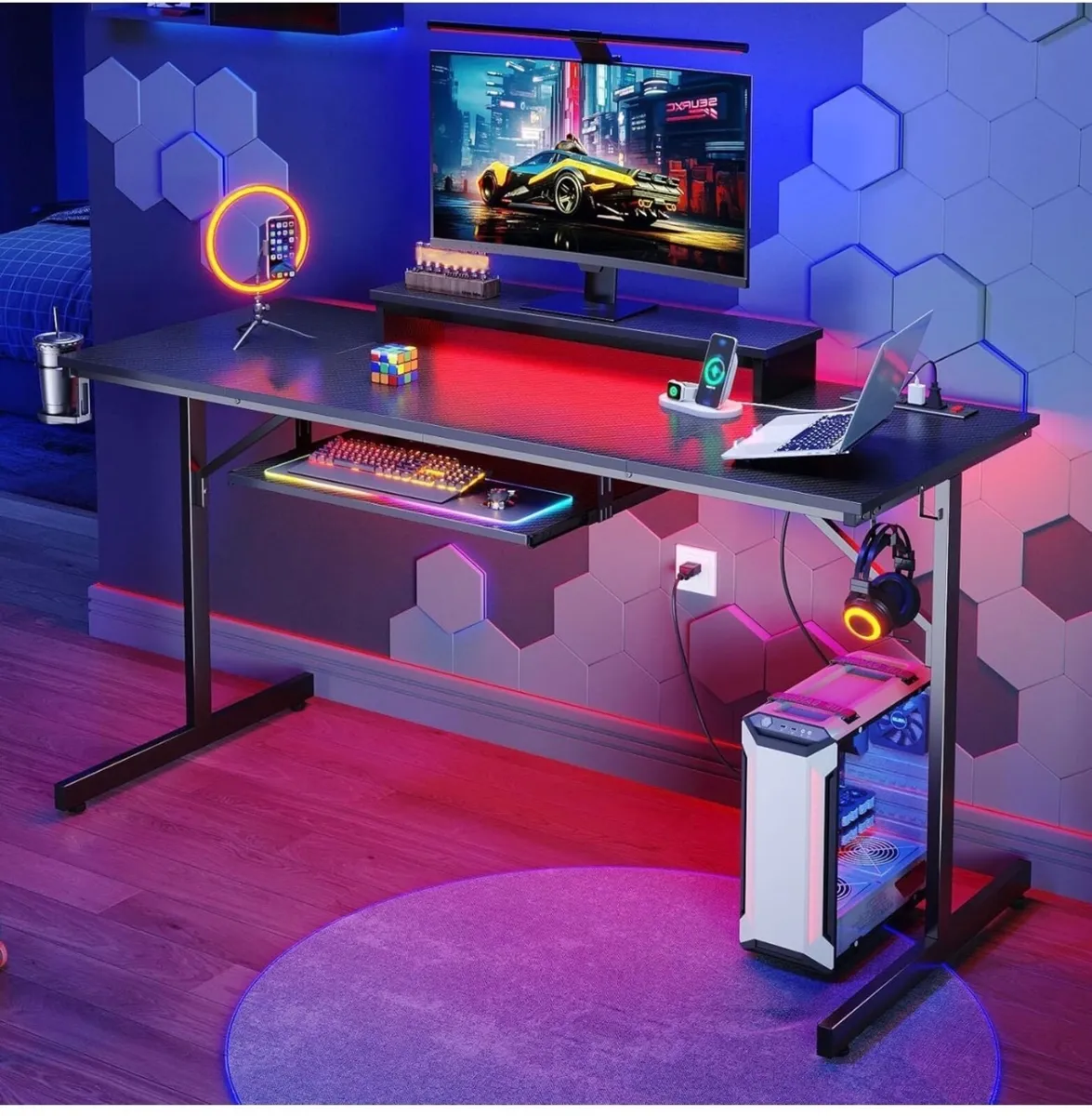 Small Gaming Desk 106.6 CM LED Computer Desk with - Image 2