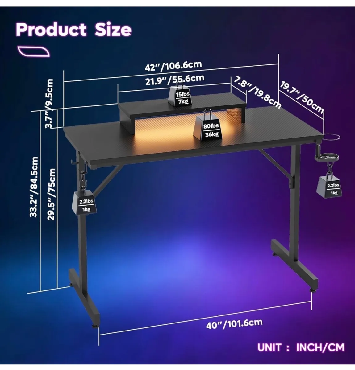 Small Gaming Desk 106.6 CM LED Computer Desk with - Image 3
