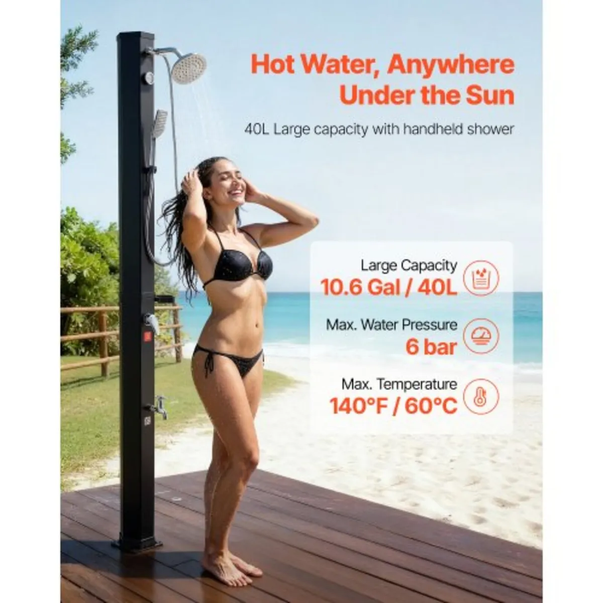 40L Solar Heated Shower, 205cm Showerhead Height O - Image 3