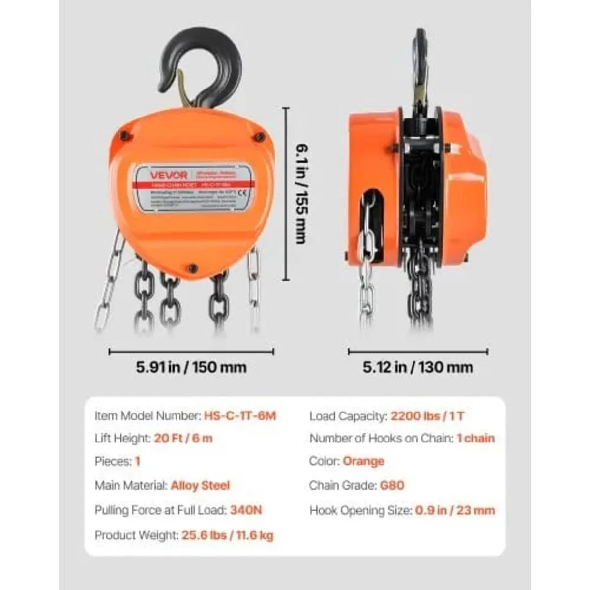 Hand Chain Hoist, 1 Ton Capacity, Manual Chain Blo - Image 3