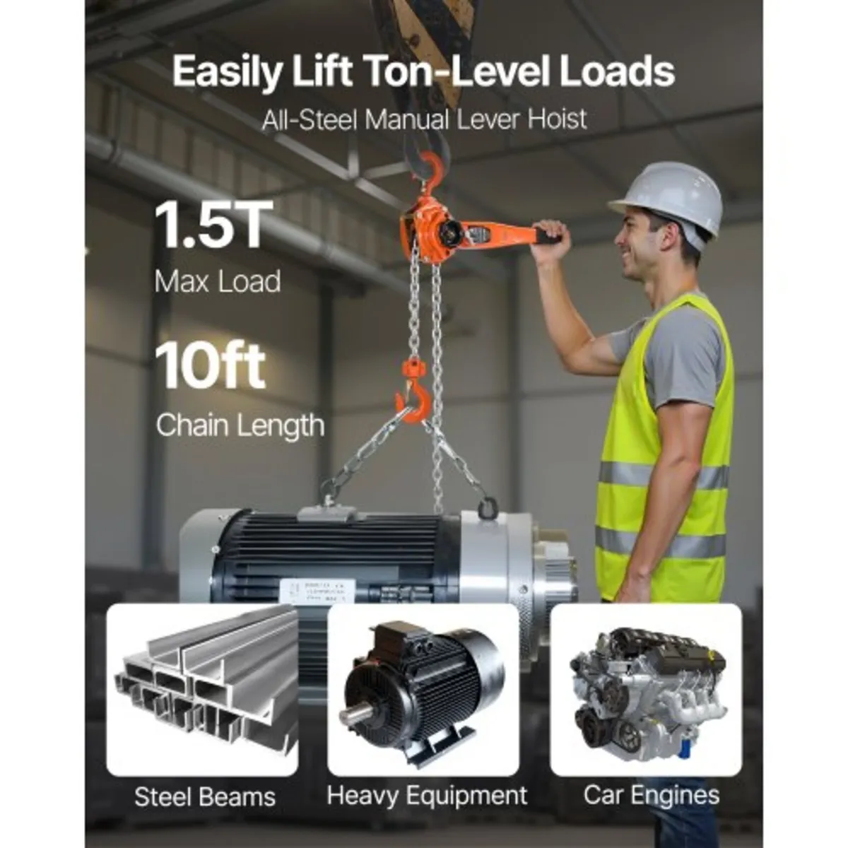 Manual Lever Chain Hoist, 1-1/2T 1500KG Capacity H - Image 3