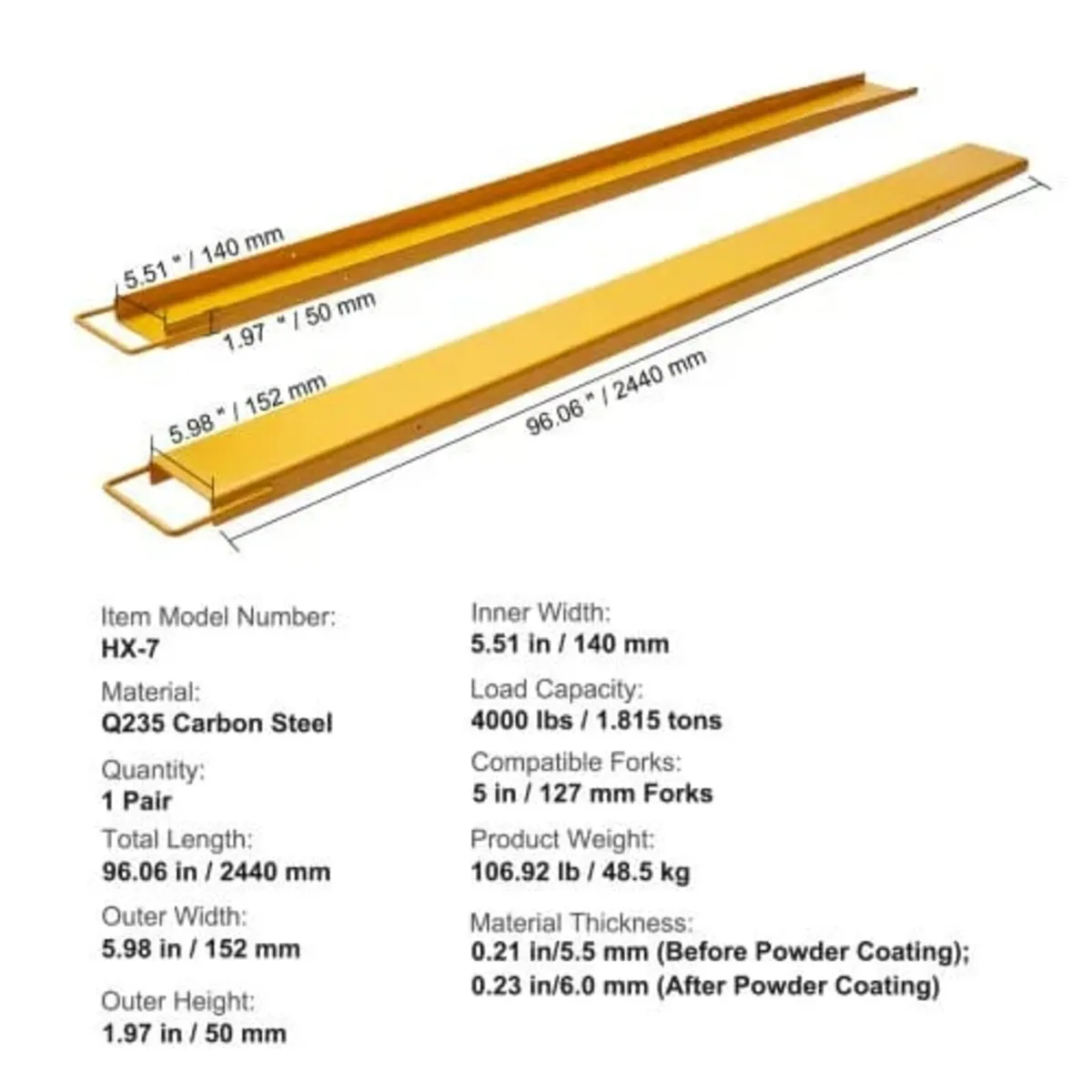 Pallet Fork Extensions, 96" Length 5.5" Width, Hea - Image 4