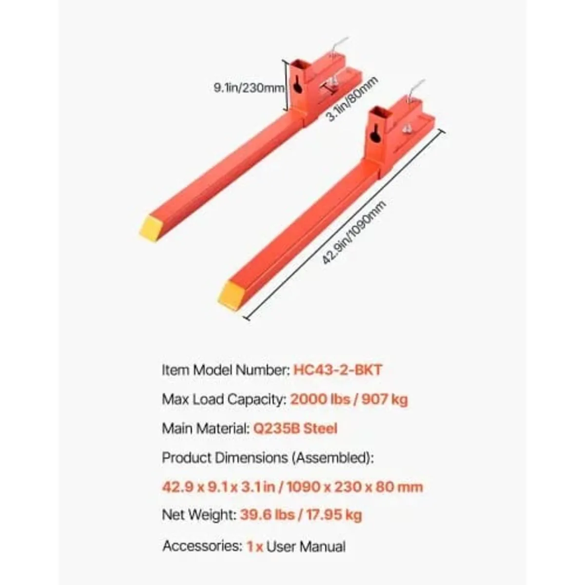 Pallet Forks, 907 kg Clamp on Pallet Forks, 109 cm - Image 3