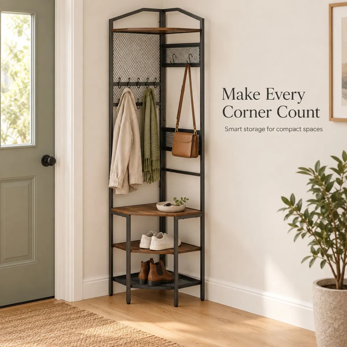 Corner Coat Rack with Shoe Storage and Shelves – B - Image 1