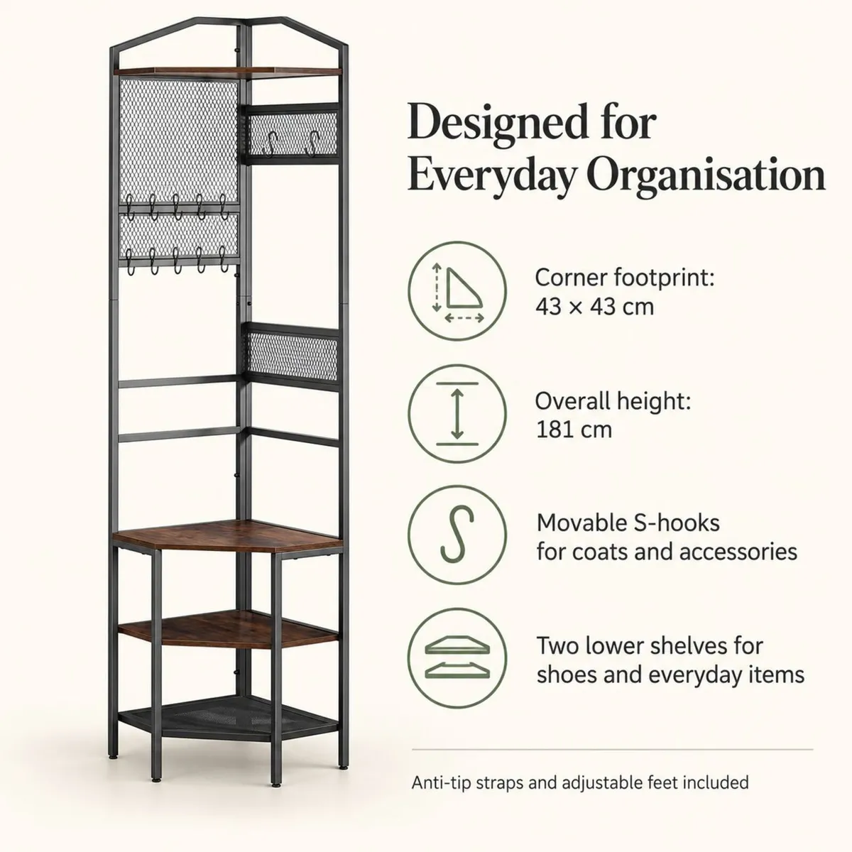 Corner Coat Rack with Shoe Storage and Shelves – B - Image 3