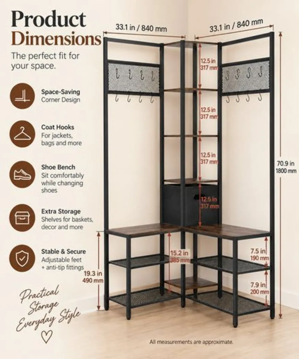 Corner Coat Rack with Shoe Bench, Hooks & Storage - Image 2