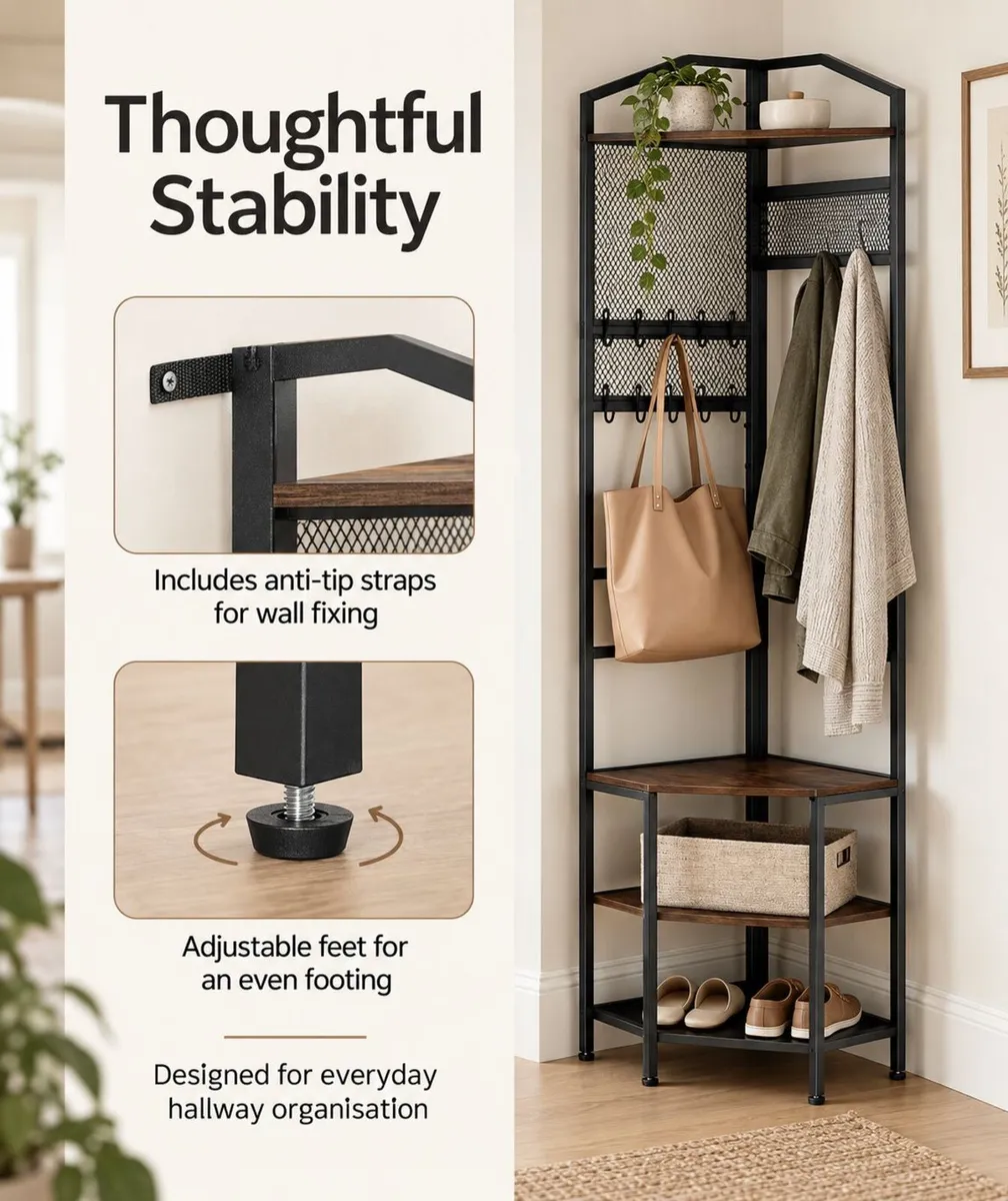 Corner Coat Rack with Shoe Storage and Shelves Bla - Image 4
