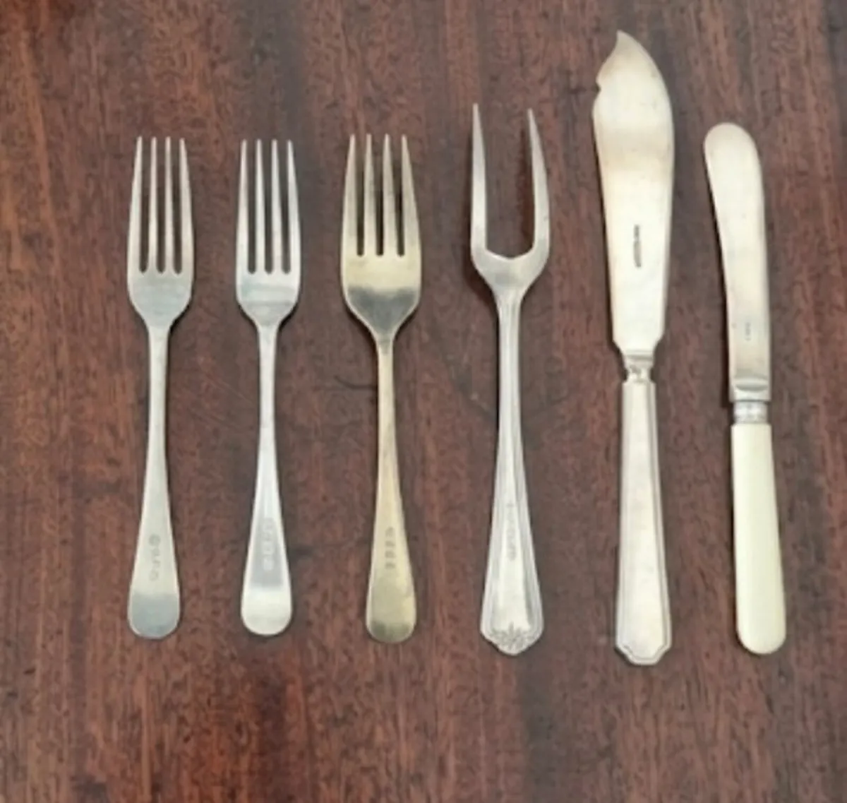 Antique Silver Pastry Forks & Butter Knifes - Image 1