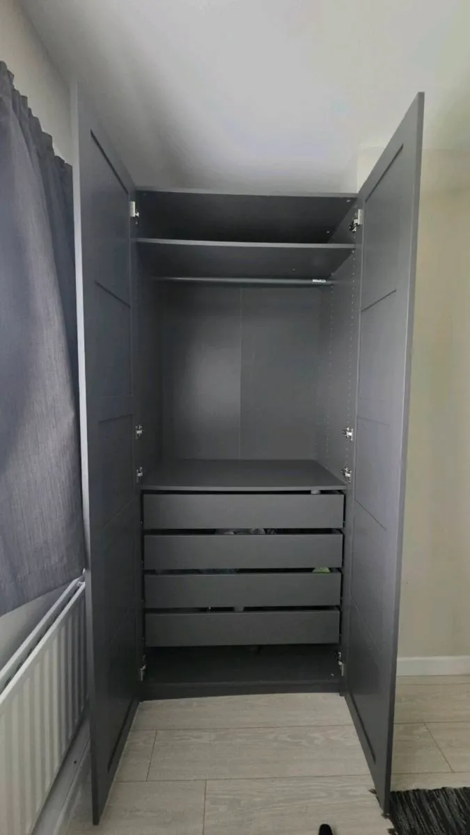 2x IKEA PAX Wardrobe (Dark Grey) with Drawers & Ra - Image 1