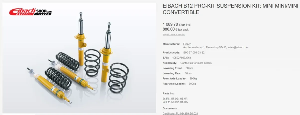 Mini Cooper S R53 Eibach Suspension Kit - Image 2