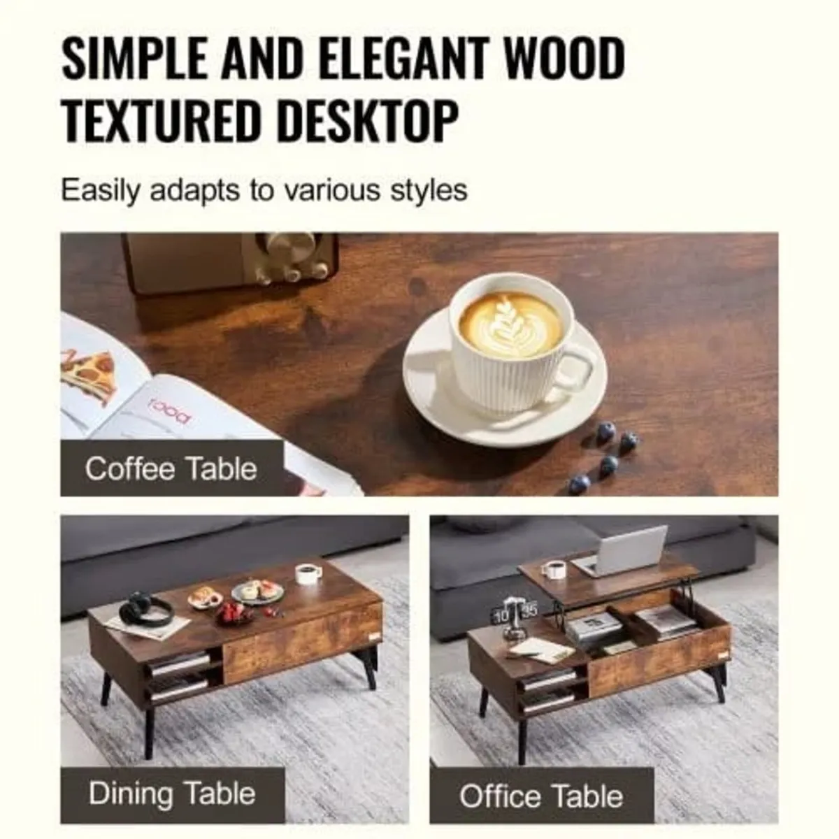 Lift Top Coffee Table, 39.4 in Rectangle Coffee Ta - Image 2