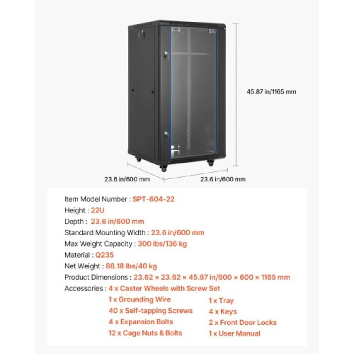 22U Network Cabinet Wall Mount, 600 mm Depth, 136 - Image 2
