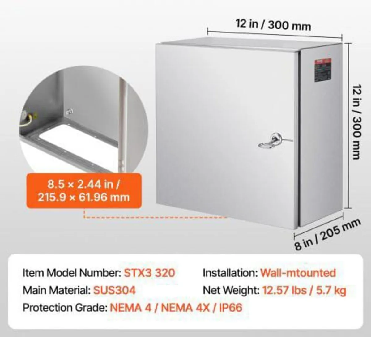 NEMA Stainless Steel Enclosure, 300 x 300 x 200 mm - Image 2