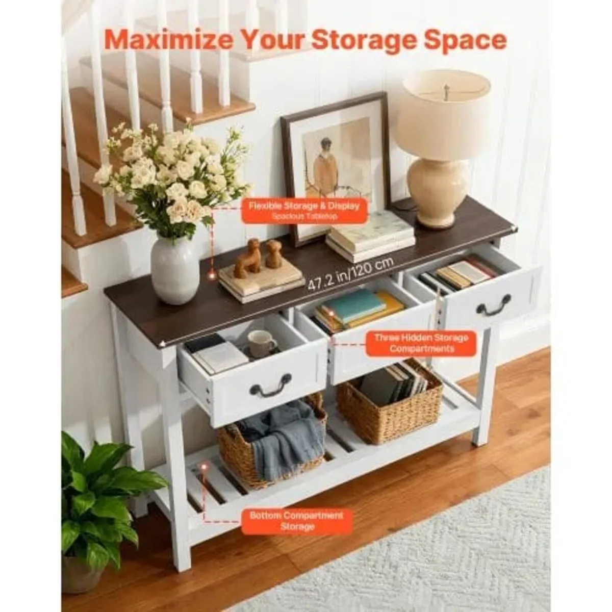 120 cm Console Table, Farmhouse Desk Behind the Co - Image 4