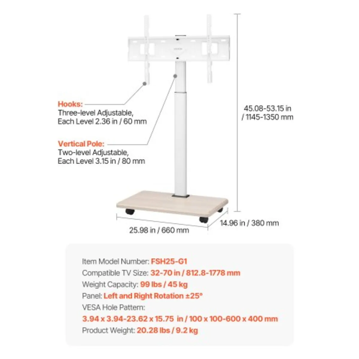 Rolling TV Stand, Mobile TV Cart for 32-70 Inch Sc - Image 4