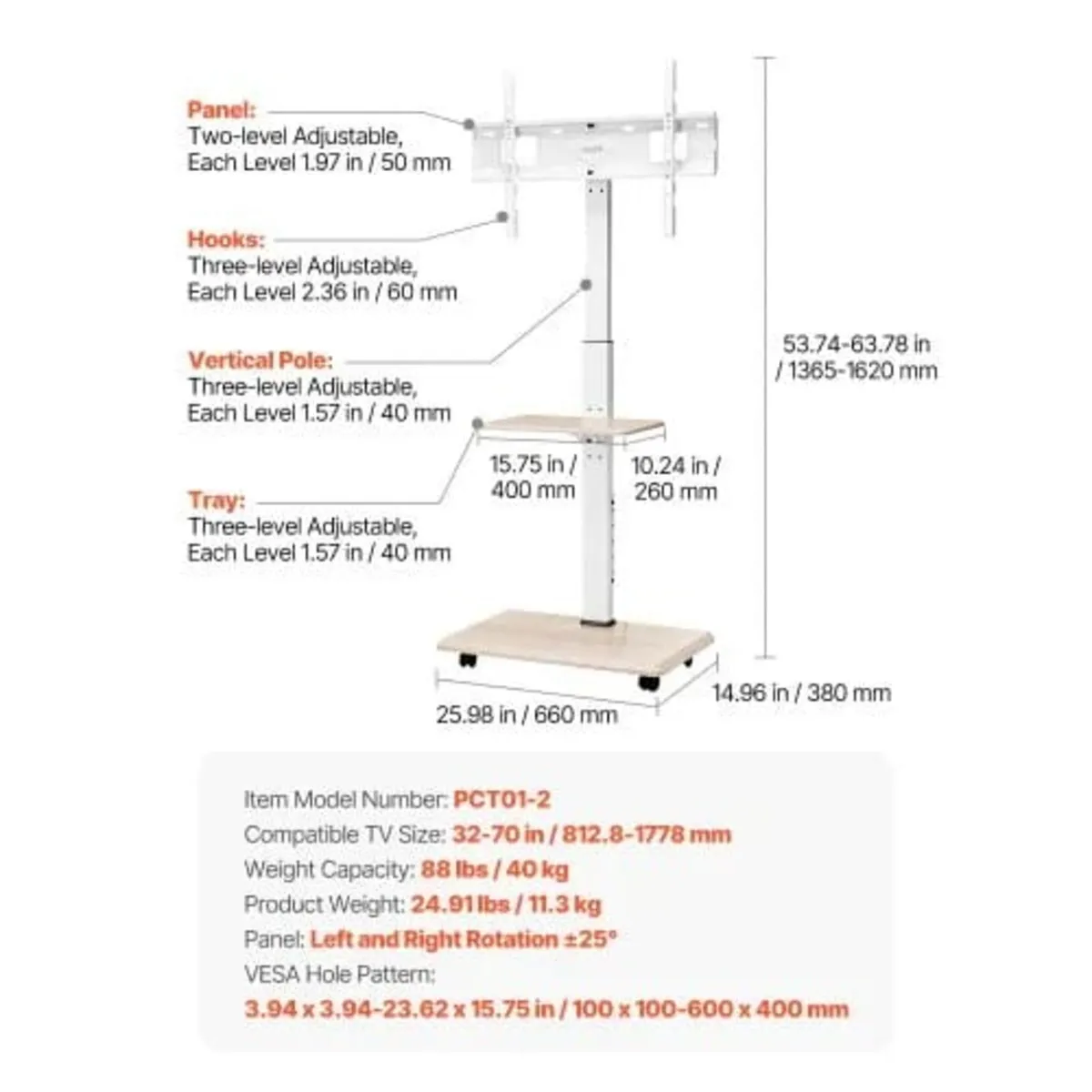 Rolling TV Stand, Mobile TV Cart for 32-70 Inch Sc - Image 3