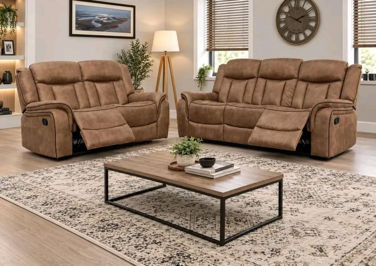 Arizona Biscuit & Grey Suede Recliner Sofa Set - Image 1